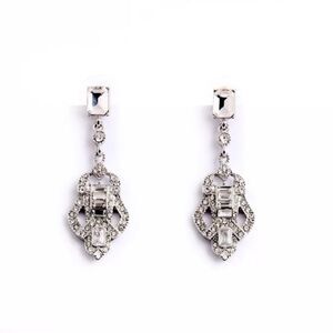 Art Deco Floral Crystal Rhinestone Vintage Silver Statement Dangle Earrings